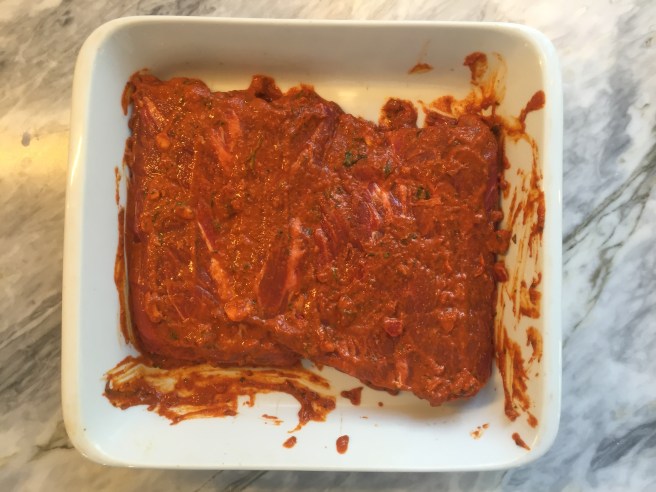 After coating both sides, cover casserole or seal bag and chill (you and the meat!) for at least 4 hours or overnight.