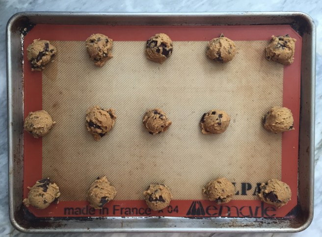 Cookie dough about to go into the oven.
