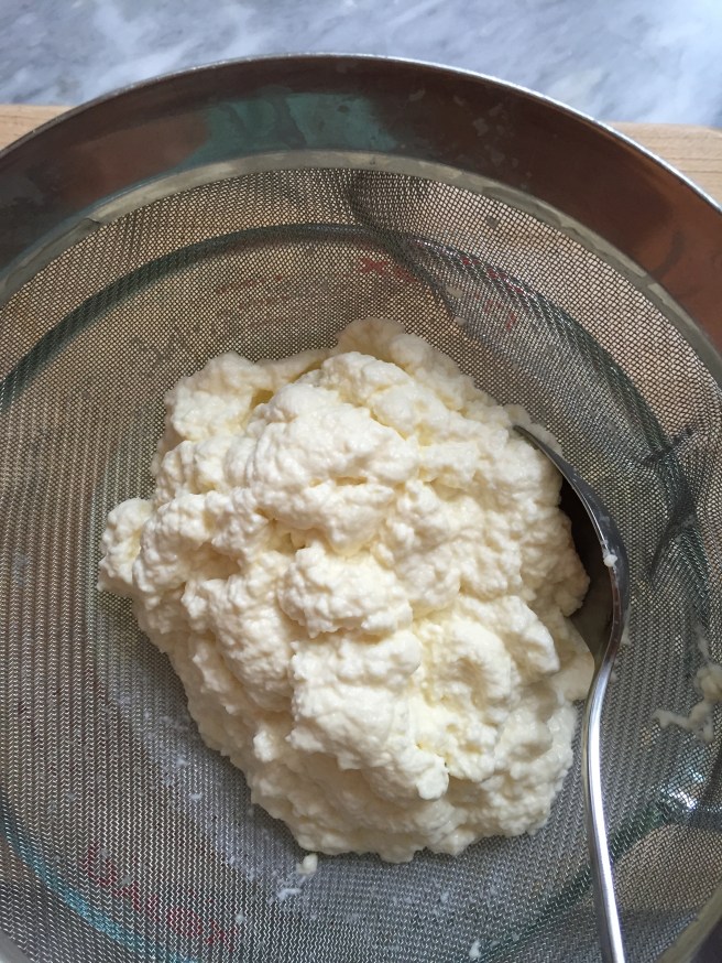 Fresh ricotta after 20 minutes of straining.