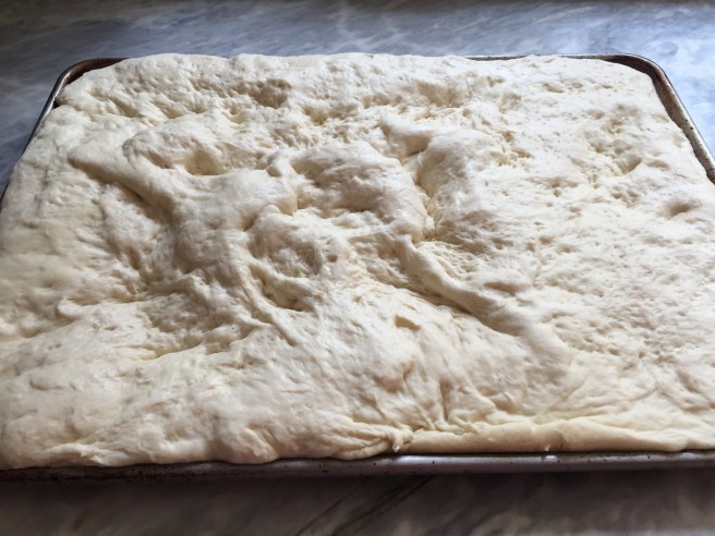 Focaccia dough after the second rise.