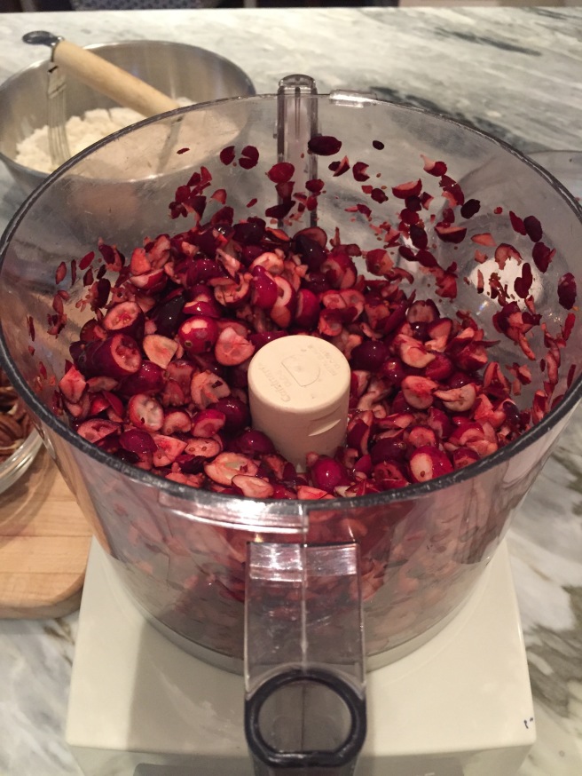 Chopped cranberries in a food processor.