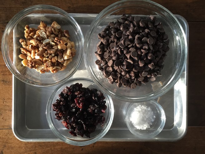 Chocolate Bark ingredients- dark chocolate chips, toasted nuts, dried fruit, and flaked sea salt.