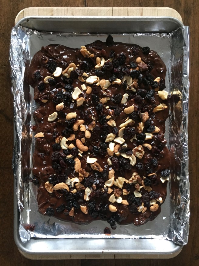 Dark chocolate bark cooling.