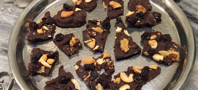 Dark Chocolate Bark on silver tray.