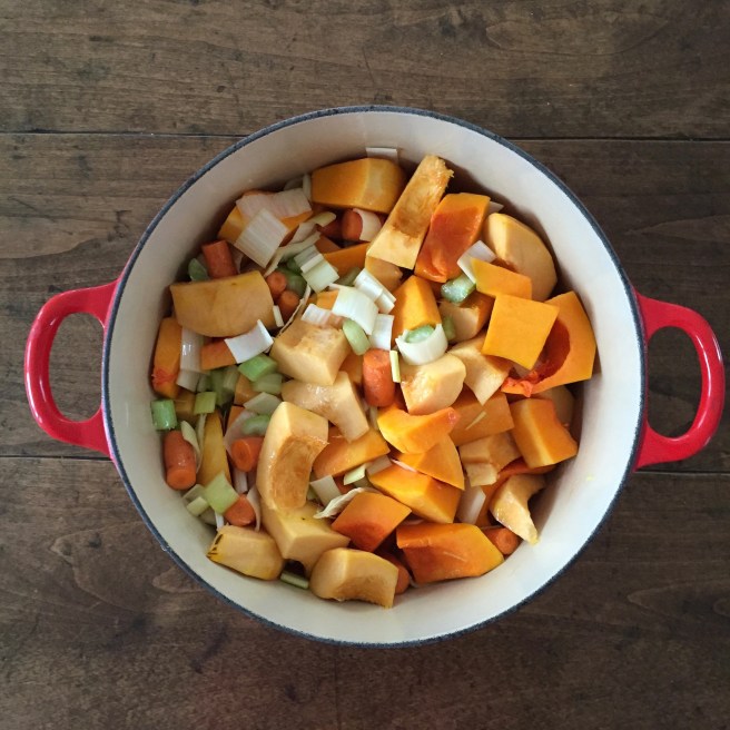 Squash, leeks, carrot, and celery in dutch oven.