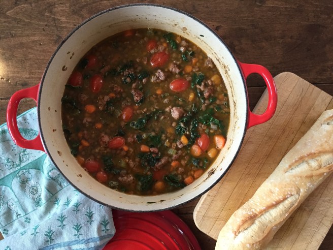 Lentil Soup with Sausage and Kale, along with baguette.