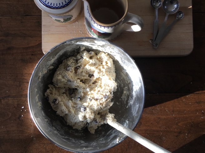 Irish soda bread dough forming in bowl.