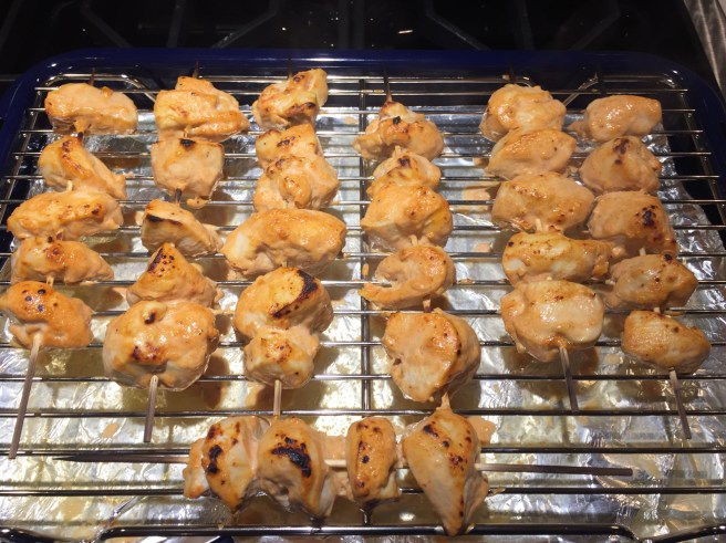 Grill or broil the kebabs- depending on your grill or oven, approximately 7 minutes per side. My broiler pan was set about 6 inches under the heating element; my kebabs took about 7 minutes per side. 