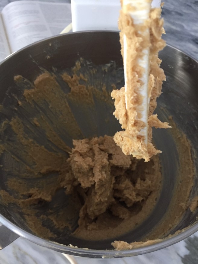 Creamed butter and brown sugar in standing mixer.